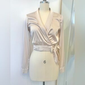 Forever 21 Satin Wrap Crop Blouse S | Champagne Long Sleeve Tie Top